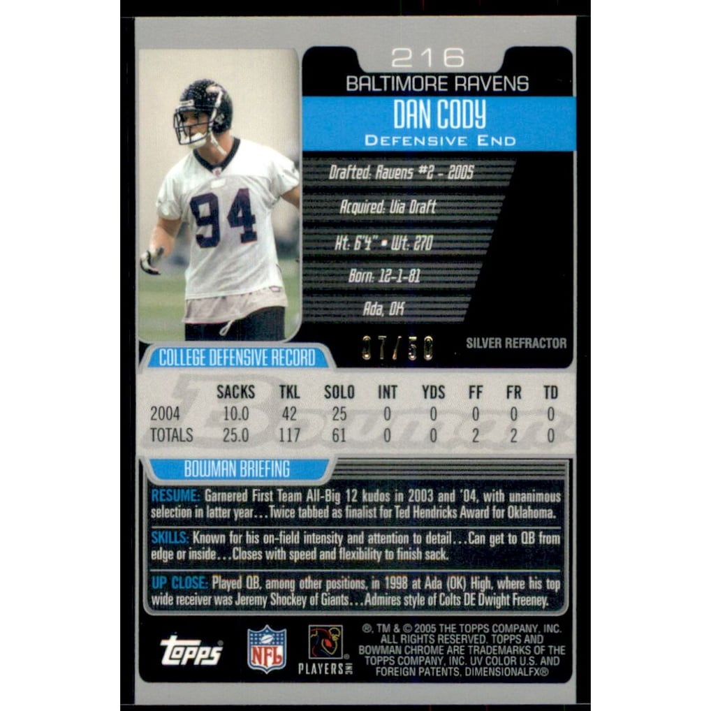2005 Bowman Chrome Silver Refractors #216 Dan Cody