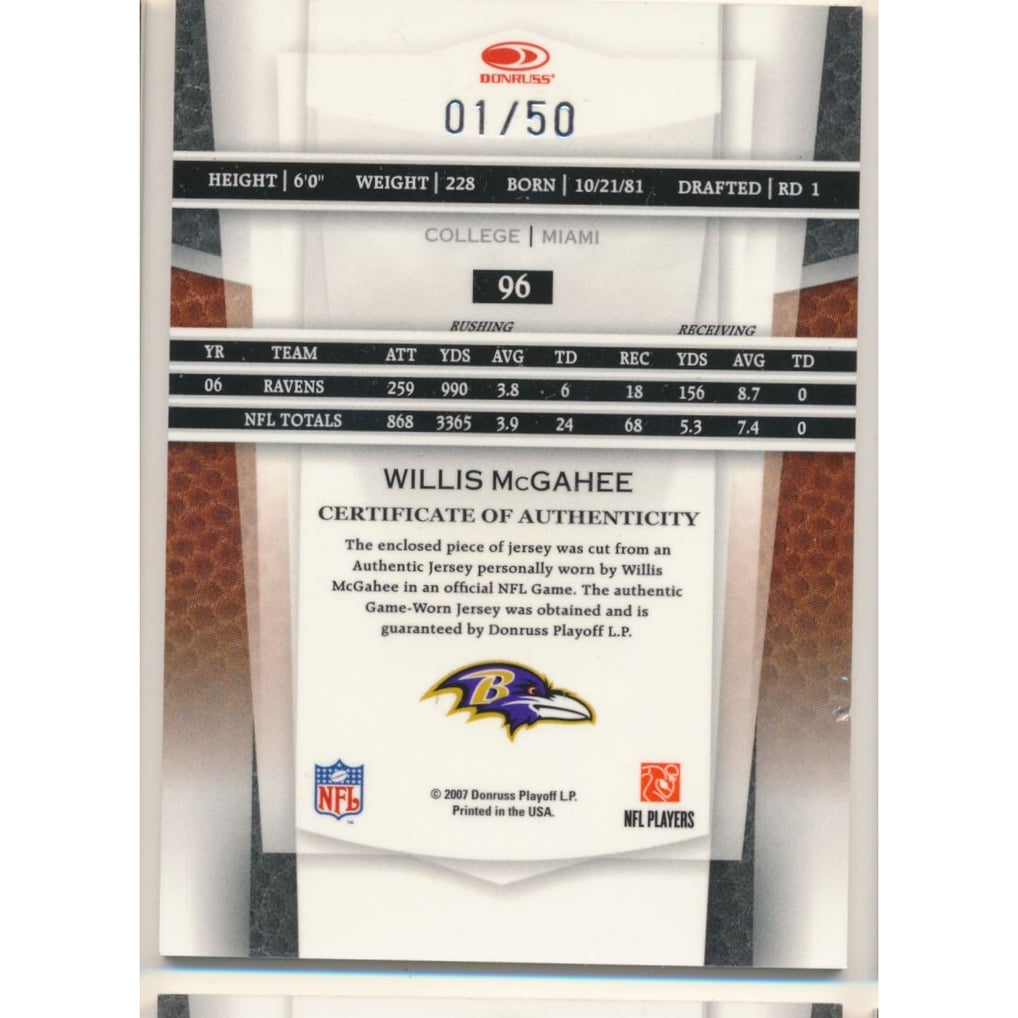 2007 Leaf Certified Materials Mirror Blue Materials #96 Willis McGahee