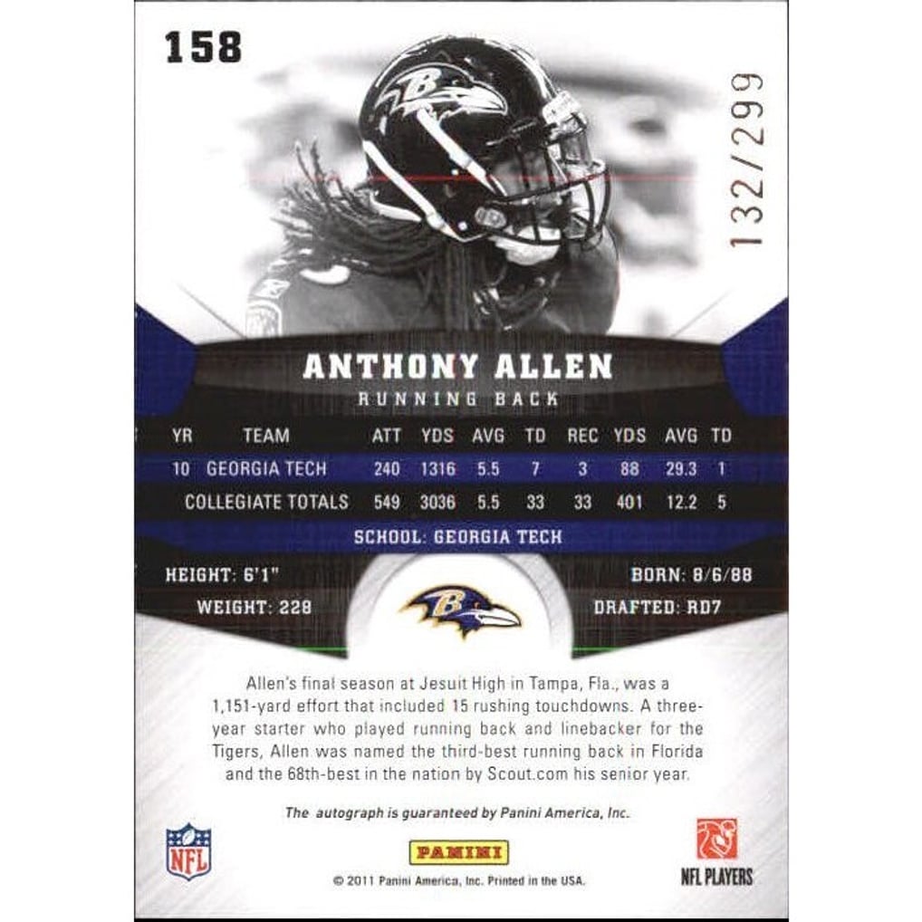 2011 Panini Gridiron Gear Autographs Gold #158 Anthony Allen/299