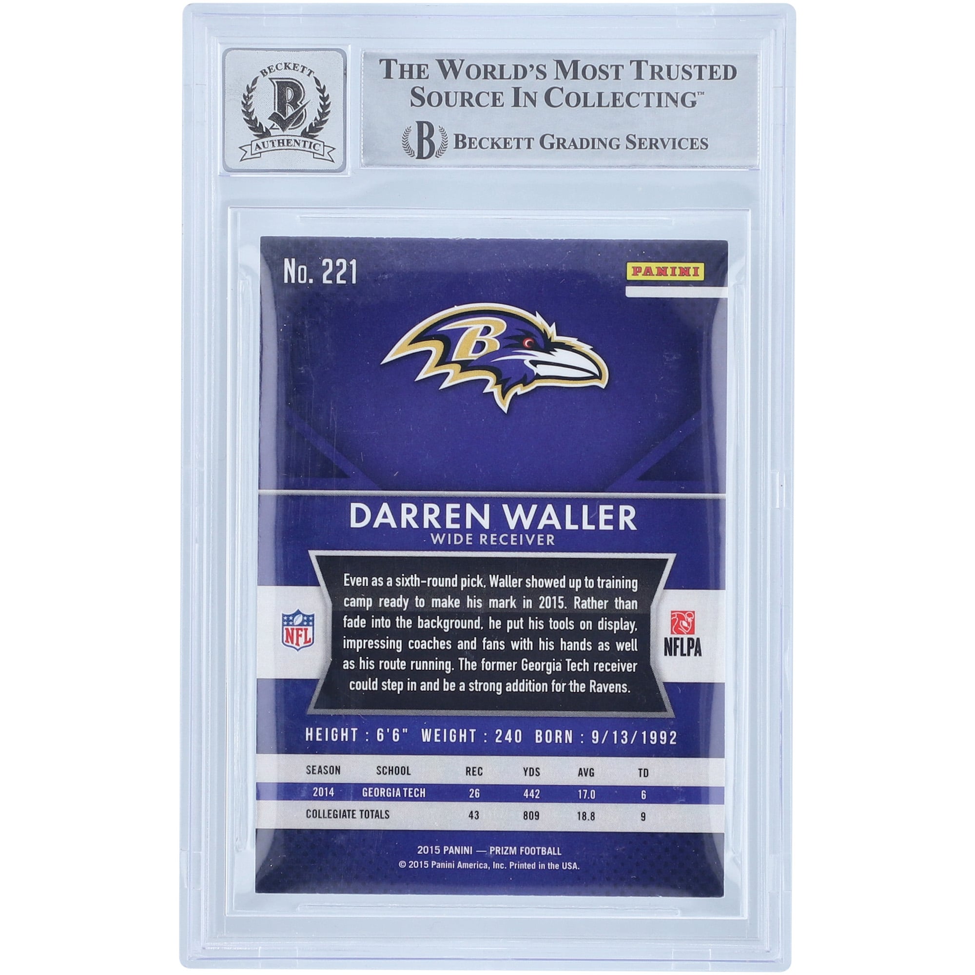 Darren Waller Baltimore Ravens Autographed 2015 Panini Prizm #221