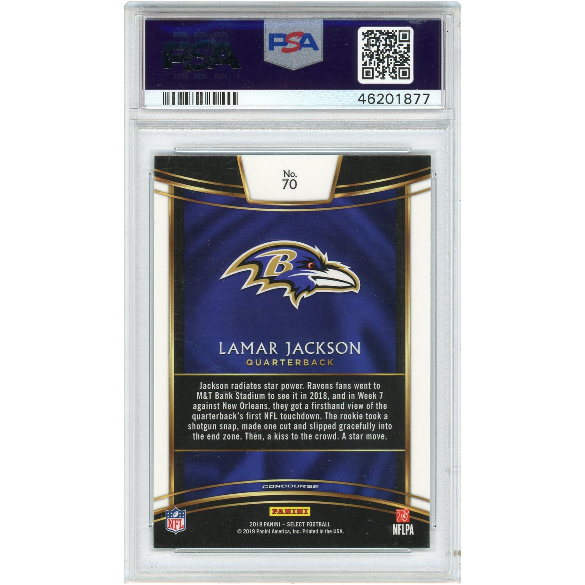 Lamar Jackson Baltimore Ravens 2018 Panini Select Rookie #70 Card