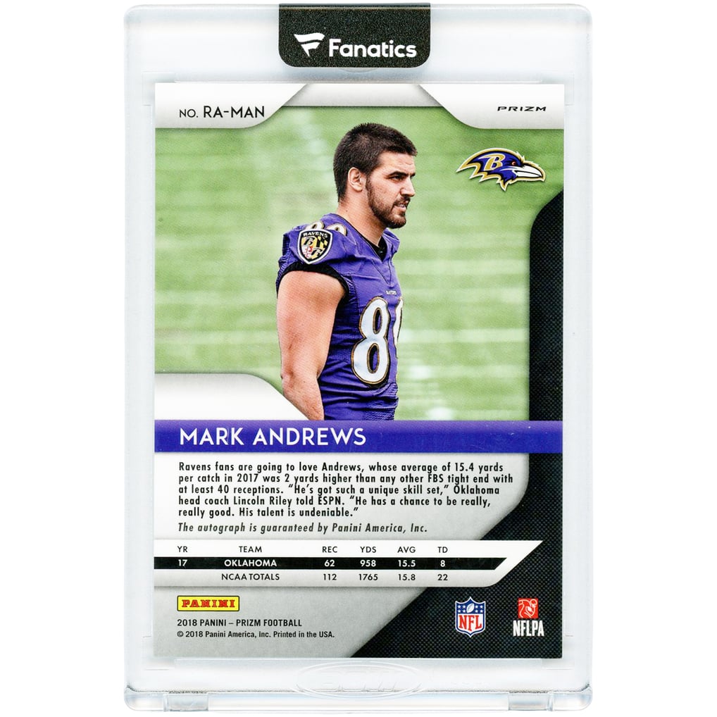 Mark Andrews Baltimore Ravens Autographed 2018 Panini Prizm Silver Prizm #RA-MAN Rookie Card