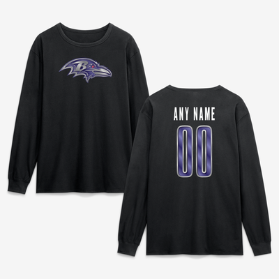 Baltimore Ravens  Metallic Mascot Personalized Name & Number Long Sleeve T-Shirt - Black
