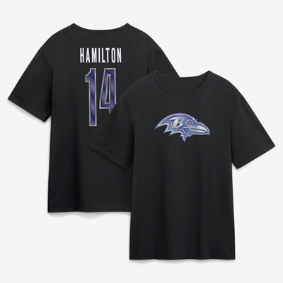 Kyle Hamilton Baltimore Ravens Metallic Mascot Name & Number T-Shirt - Black