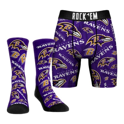  Baltimore Ravens Rock Em All-Over Logo Underwear and Crew Socks Combo Pack - 