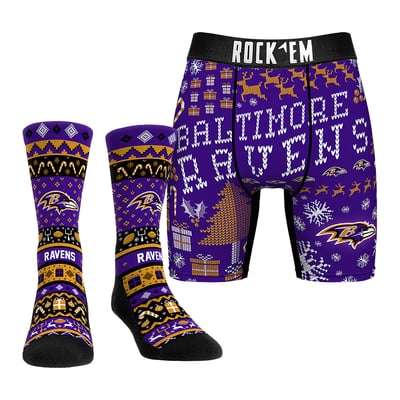 Baltimore Ravens Rock Em Socks Holiday Tacky Sweater Underwear and Crew Socks Combo Pack