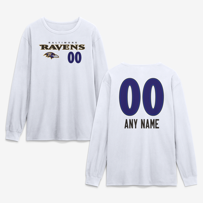 Baltimore Ravens  Touchdown Wordmark Personalized Name & Number Long Sleeve T-Shirt - White