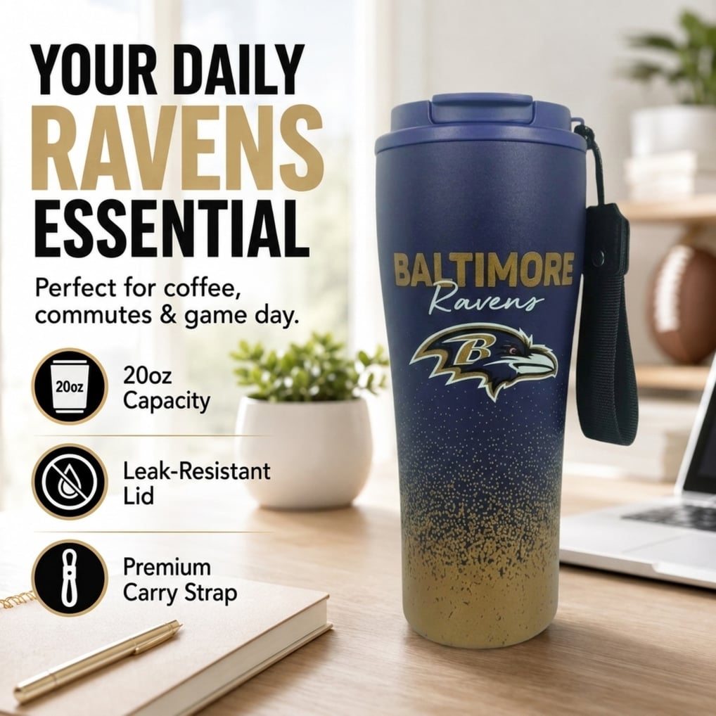 Baltimore Ravens Pegasus 20oz Splatter Script Stainless Steel ProSip Coffee Cup with Strap