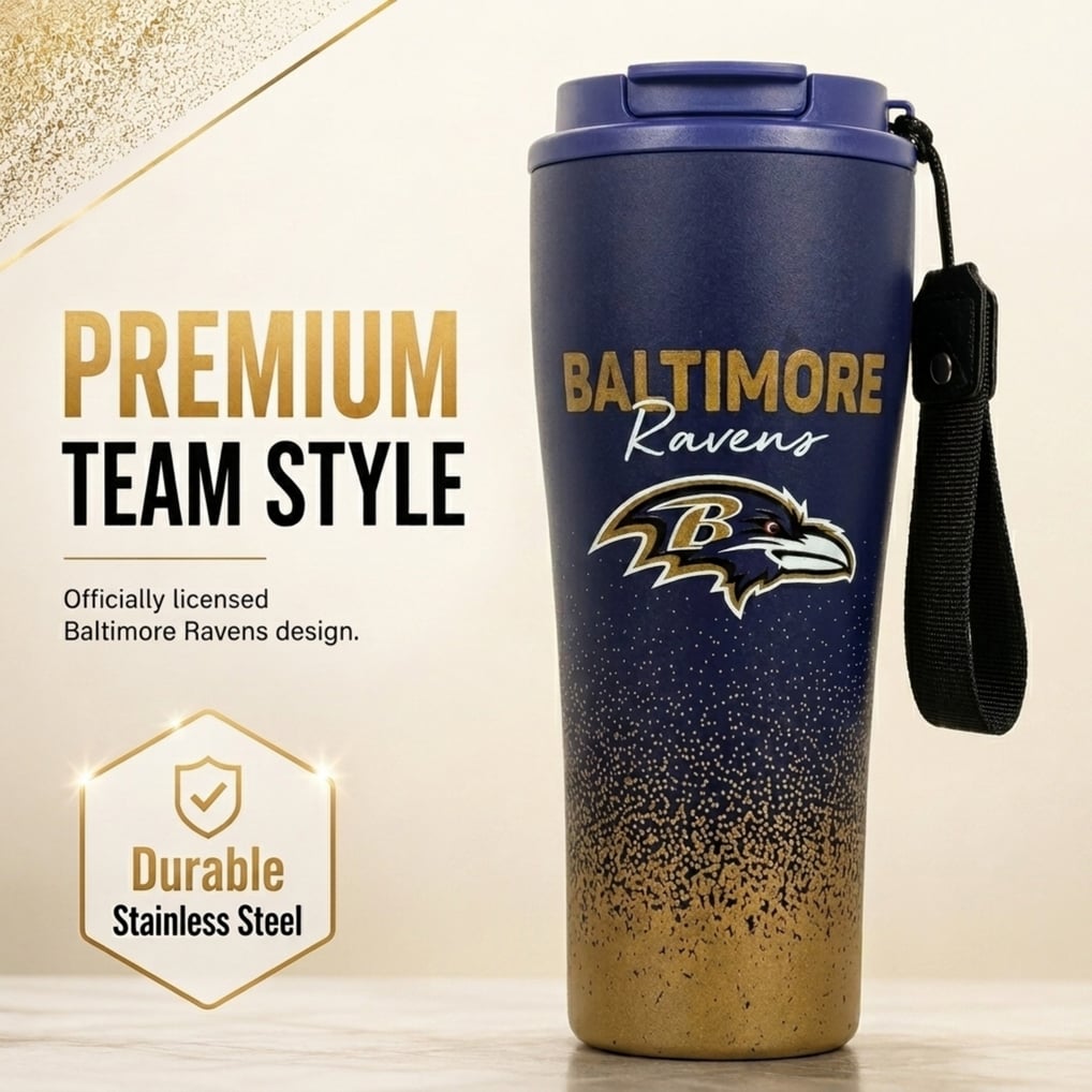 Baltimore Ravens Pegasus 20oz Splatter Script Stainless Steel ProSip Coffee Cup with Strap