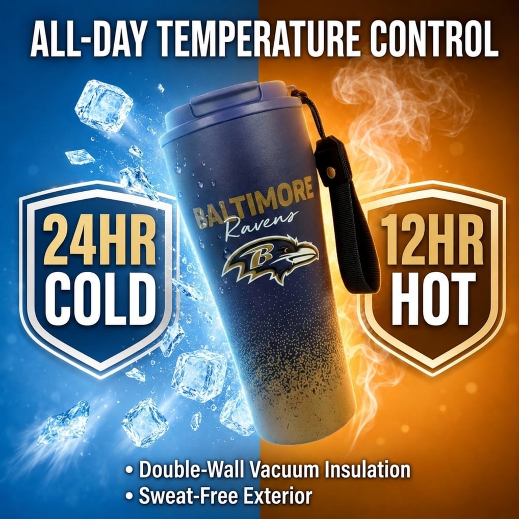 Baltimore Ravens Pegasus 20oz Splatter Script Stainless Steel ProSip Coffee Cup with Strap