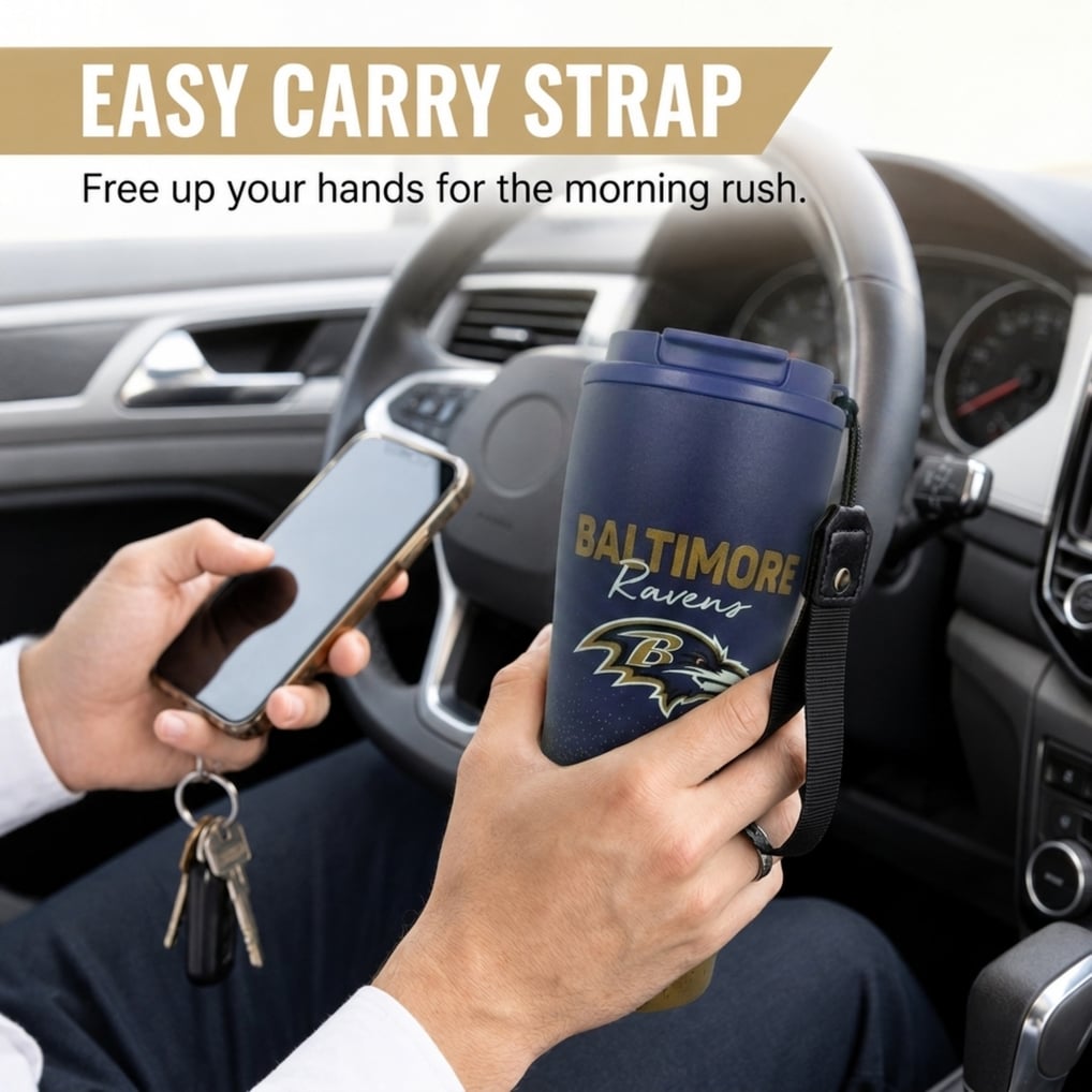 Baltimore Ravens Pegasus 20oz Splatter Script Stainless Steel ProSip Coffee Cup with Strap