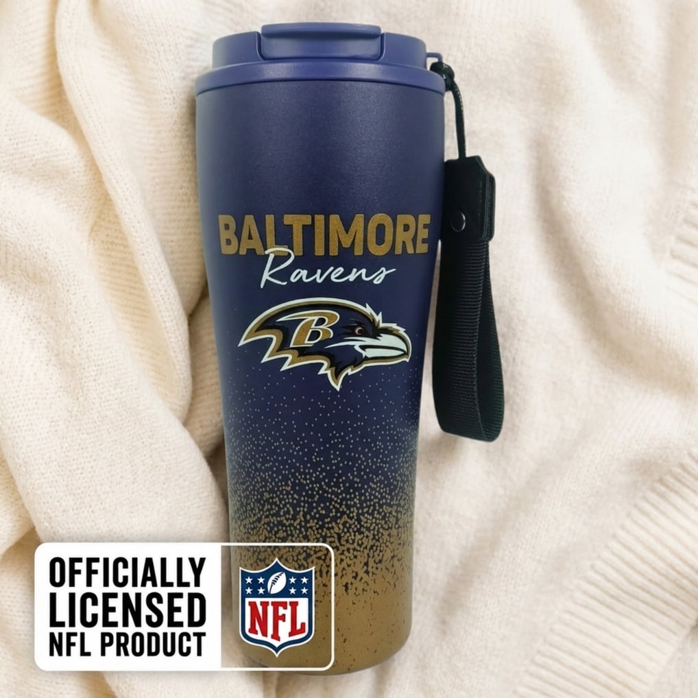 Baltimore Ravens Pegasus 20oz Splatter Script Stainless Steel ProSip Coffee Cup with Strap