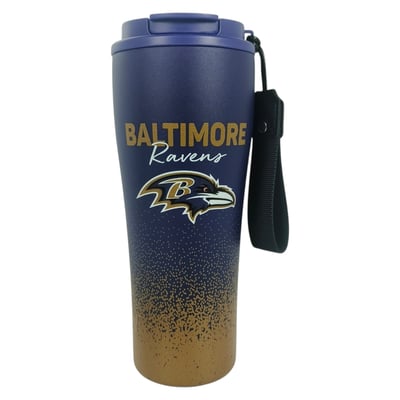 Baltimore Ravens Pegasus 20oz Splatter Script Stainless Steel ProSip Coffee Cup with Strap