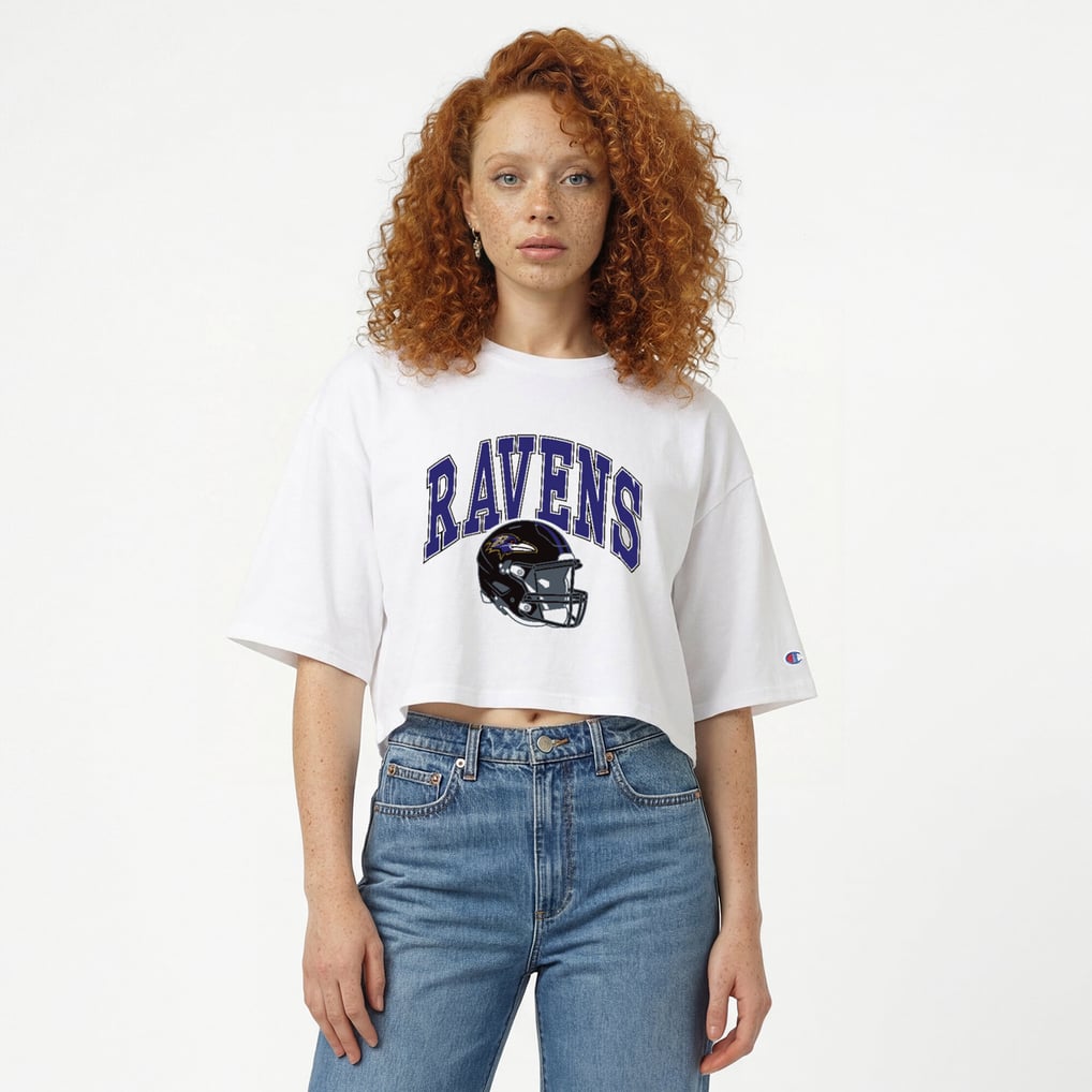  Baltimore Ravens Champion Women's Boyfriend Cropped T-Shirt - White