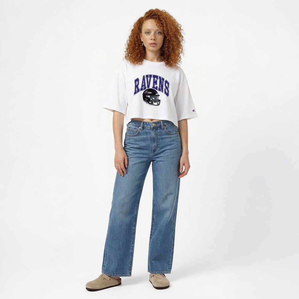  Baltimore Ravens Champion Women's Boyfriend Cropped T-Shirt - White