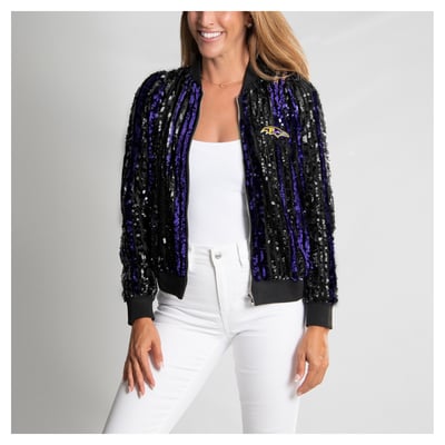  Baltimore Ravens FABGATING by Cuce Women's Slim Fit Sequin Striped Full-Zip Bomber Jacket - Black