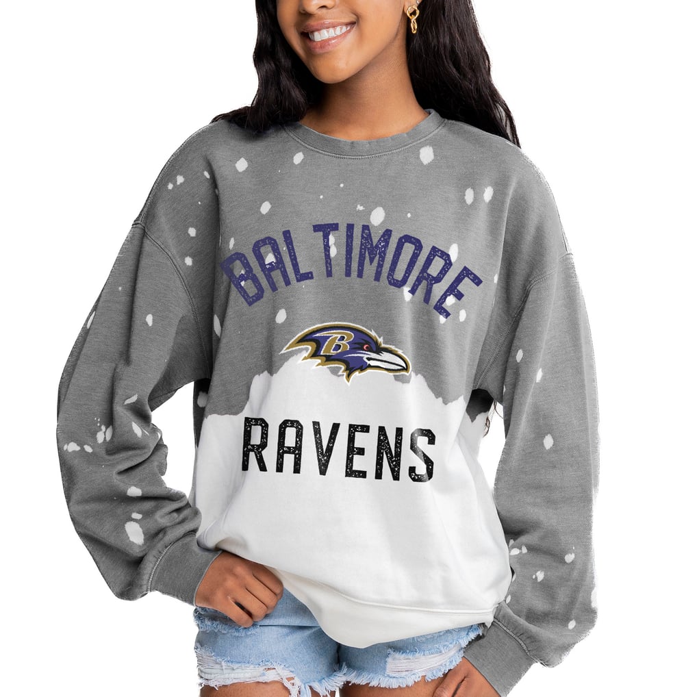  Baltimore Ravens Gameday Couture Women's Oversized Coin Toss Faded French Terry Tri-Blend Pullover Sweatshirt - Gray