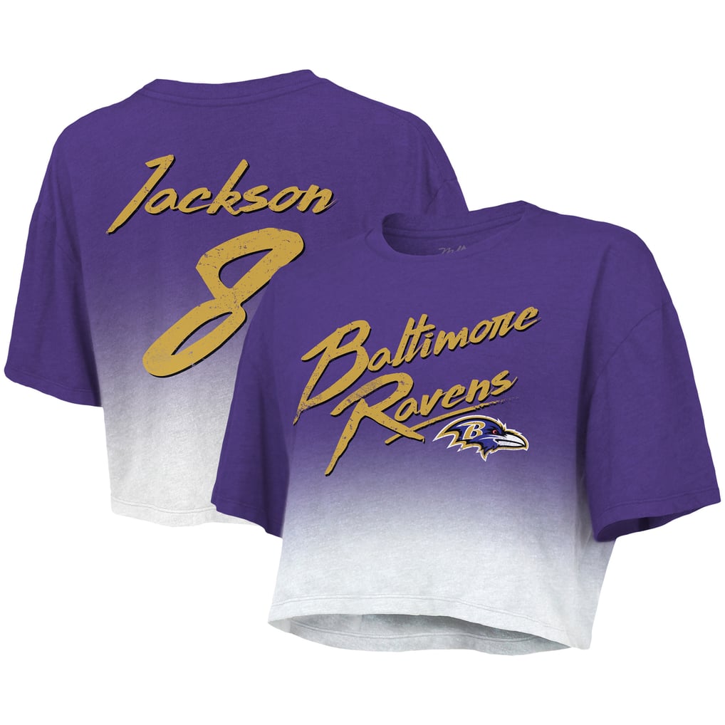 Lamar Jackson Baltimore Ravens Majestic Threads Women's Dip-Dye Player Name & Number Crop Top - Purple/White