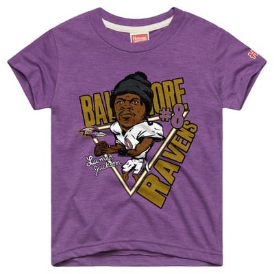 Lamar Jackson Baltimore Ravens Homage Youth Caricature Tri-Blend T-Shirt - Purple