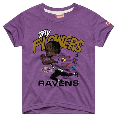 Zay Flowers Baltimore Ravens Homage Youth Caricature T-Shirt - Purple