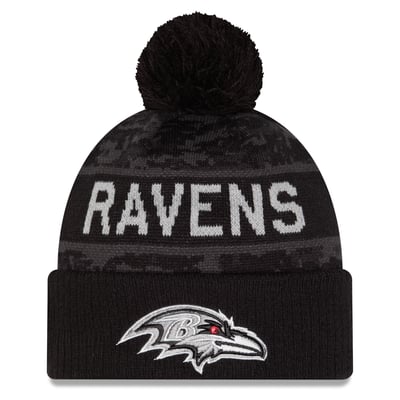 Baltimore Ravens New Era Youth 2026 Salute To Service Cuffed Knit Hat with Pom - Black