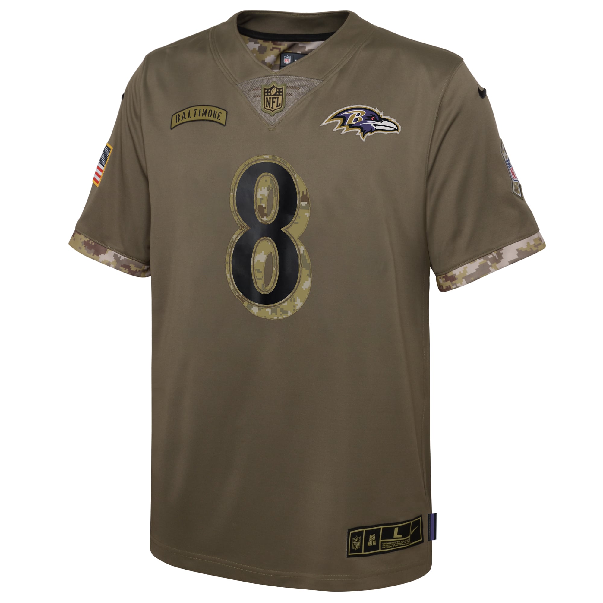 レイダース　Salute to Service Jersey Youth M Youth Nike Lamar Jackson Olive Baltimore Ravens Salute To Service