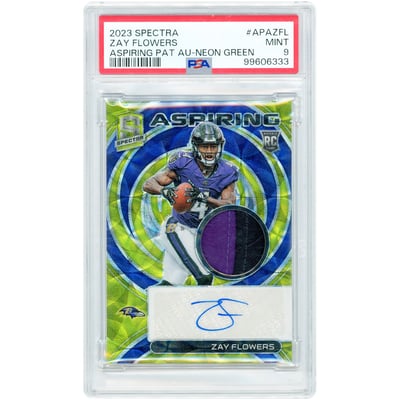 Zay Flowers Baltimore Ravens Autographed 2023 Panini Spectra Neon Green Dual-Color Relic #APA-ZFL #22/35 PSA Authenticated 9 Rookie Card