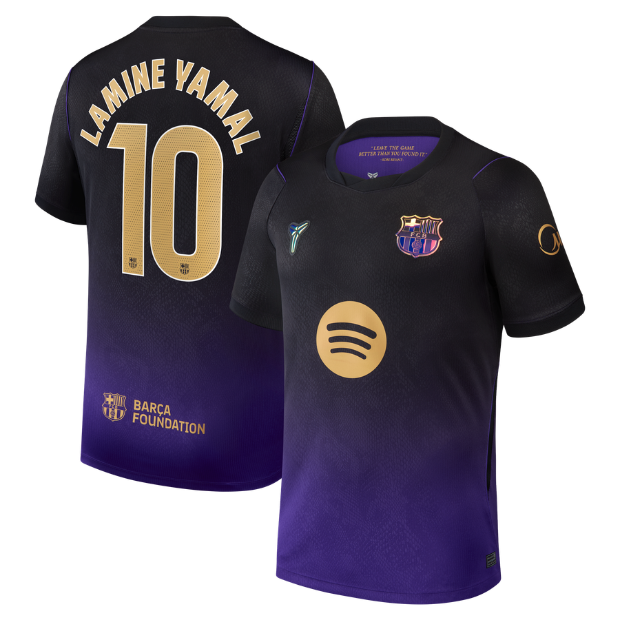 Barcelona 2026-27 purple away shirt honouring Kobe Bryant, with Lamine Yamal 10 printing