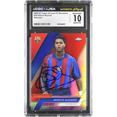Patrick Kluivert Barcelona Autographed 2022-23 Topps Chrome FC Barcelona Refractor #34 CGC Authenticated 10/10 Card