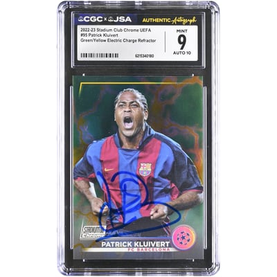 Patrick Kluivert Barcelona Autographed 2022-23 Topps Stadium Club Chrome UEFA Green/Yellow Electric Charge Refractor #95 #/125 CGC Authenticated 9/10 Card