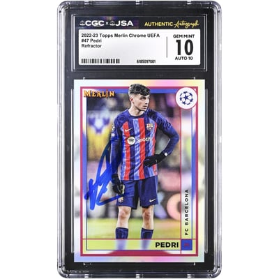 Pedri Barcelona Autographed 2022-23 Topps Merlin Chrome UEFA Refractor #47 CGC Authenticated 10/10 Card