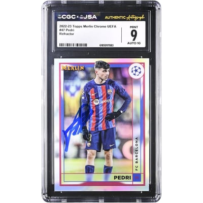 Pedri Barcelona Autographed 2022-23 Topps Merlin Chrome UEFA Refractor #47 CGC Authenticated 9/10 Card