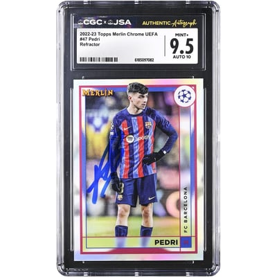 Pedri Barcelona Autographed 2022-23 Topps Merlin Chrome UEFA Refractor #47 CGC Authenticated 9.5/10 Card