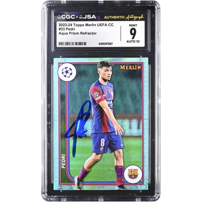 Pedri Barcelona Autographed 2023-24 Topps Merlin UEFA CC Aqua Prism Refractor #33 CGC Authenticated 9/10 Card