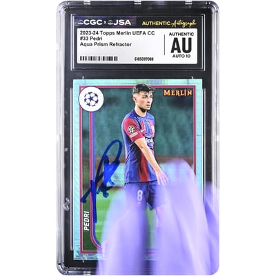 Pedri Barcelona Autographed 2023-24 Topps Merlin UEFA CC Aqua Prism Refractor #33 CGC Authenticated AUTO 10 Card
