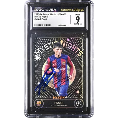 Pedri Barcelona Autographed 2023-24 Topps Merlin UEFA CC Mystic Nights #MN-6 CGC Authenticated 9/10 Card