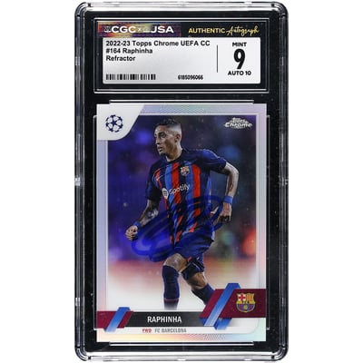 Raphinha Barcelona Autographed 2022-23 Topps Chrome UEFA CC Refractor #164 CGC Authenticated 9/10 Card