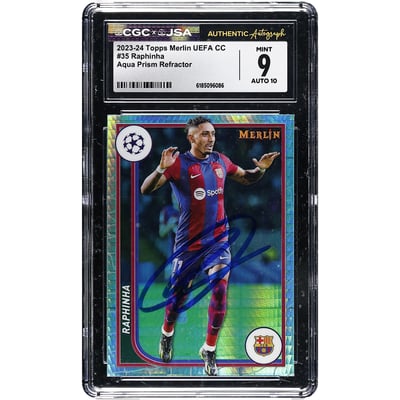 Raphinha Barcelona Autographed 2023-24 Topps Merlin UEFA CC Aqua Prism Refractor #35 CGC Authenticated 9/10 Card