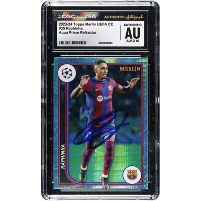 Raphinha Barcelona Autographed 2023-24 Topps Merlin UEFA CC Aqua Prism Refractor #35 CGC Authenticated Auto 10 Card