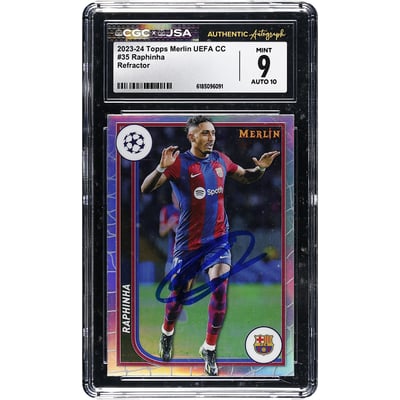 Raphinha Barcelona Autographed 2023-24 Topps Merlin UEFA CC Refractor #35 CGC Authenticated 9/10 Card