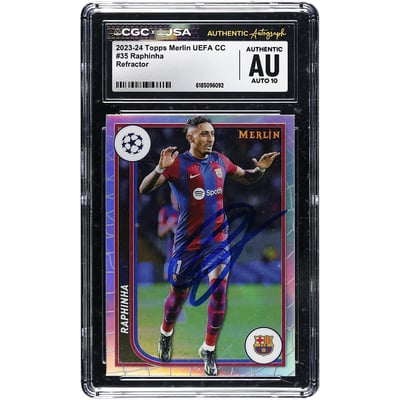 Raphinha Barcelona Autographed 2023-24 Topps Merlin UEFA CC Refractor #35 CGC Authenticated Auto 10 Card