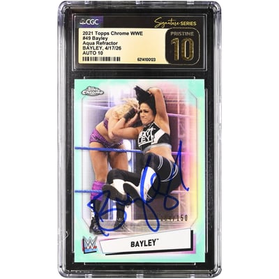 Bayley WWE Autographed 2021 Topps Chrome Aqua Refractor #49 #/150 CGC Fanatics Witnessed Authenticated PRISTINE 10/10 Card