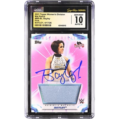 Bayley WWE Autographed 2021 Topps Women's Division Pink Mat Relics #MR-BL #/150 CGC Fanatics Witnessed Authenticated 10/10 Card