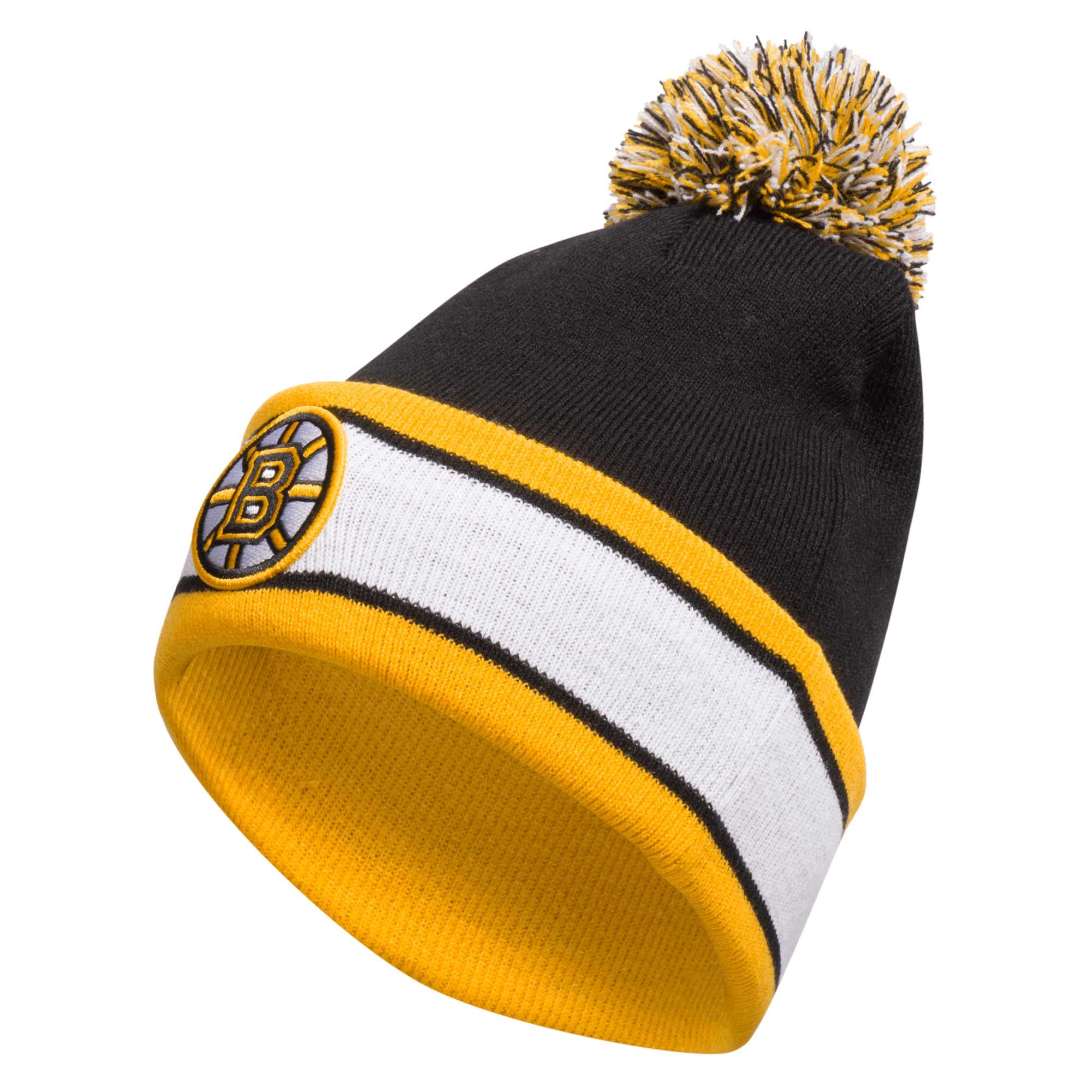 Boston Bruins White Knit Pom Beanie with Yellow & Black Stripes Bruins New Era Bold Pom Cuff Black Knit Hat main image 2