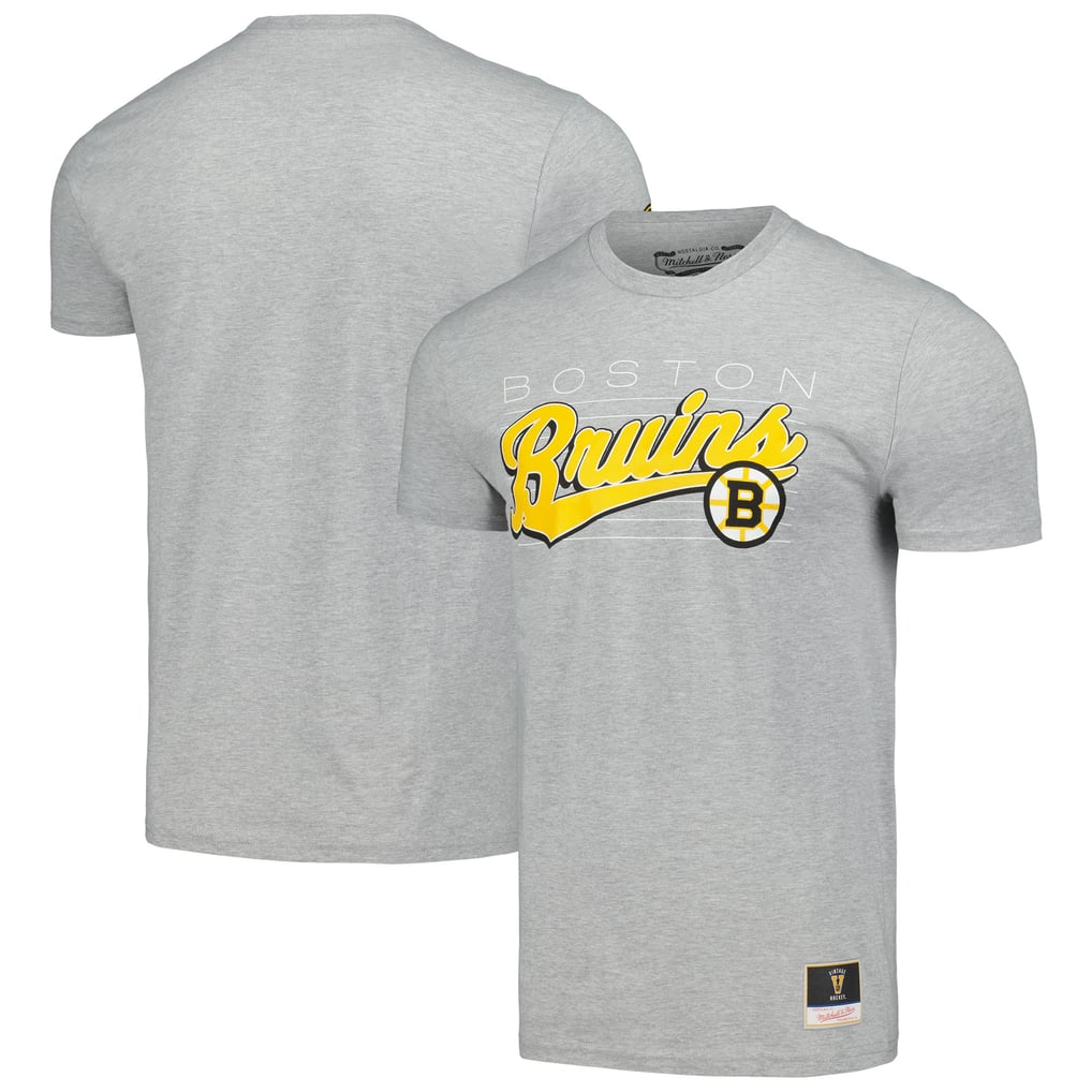 Boston Bruins Mitchell & Ness 100th Anniversary Script Sweep T-Shirt - Heather Gray
