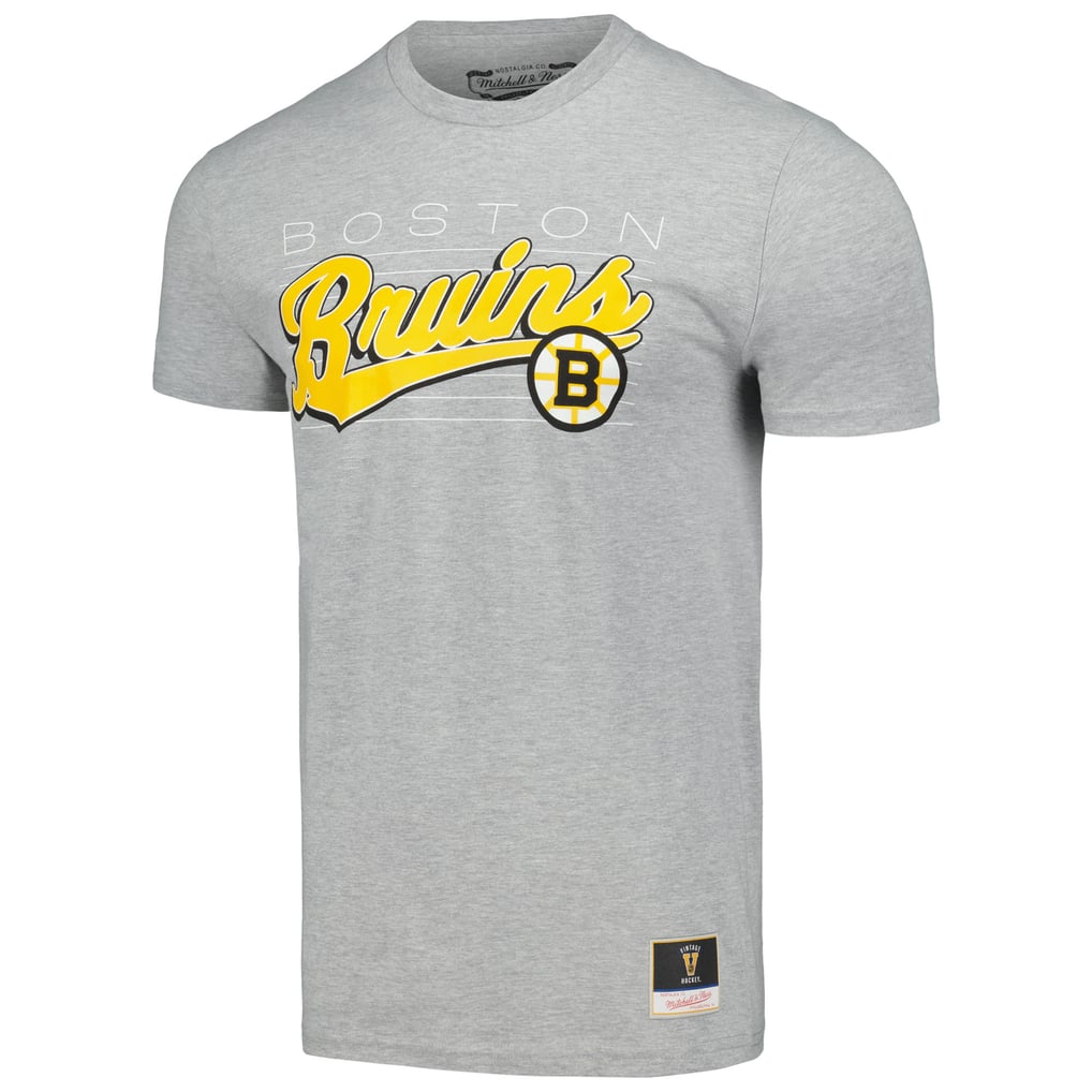 Boston Bruins Mitchell & Ness 100th Anniversary Script Sweep T-Shirt - Heather Gray