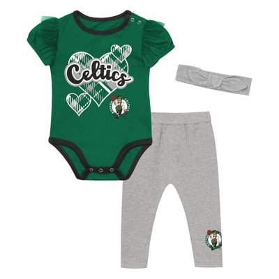 Boston Celtics Outerstuff Girls Infant Team Heart Bodysuit, Pants & Headband Set - Kelly Green/Gray