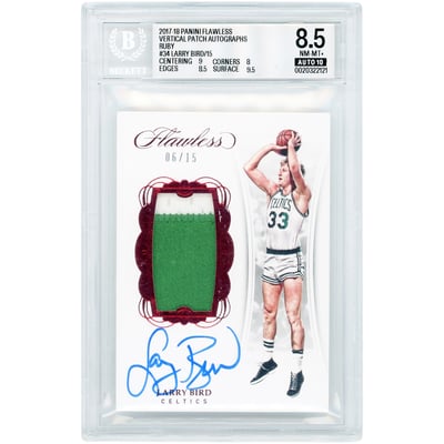 Larry Bird Boston Celtics Autographed 2017-18 Panini Flawless Ruby Vertical Patch Game Used Dual-Color Jersey Relic #VP-LB #6/15 BGS Authenticated 8.5/10 Card - 9,8,8.5,9.5 Subgrades