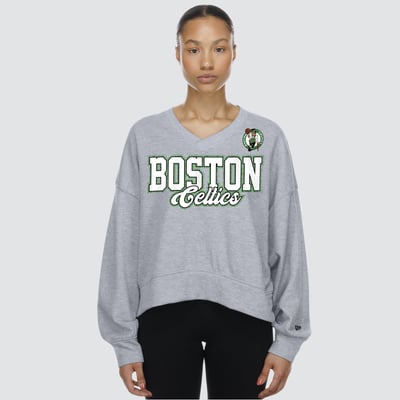 Boston Celtics New Era Women's Oversized Cropped V-Neck Fleece Sweatshirt - Gray