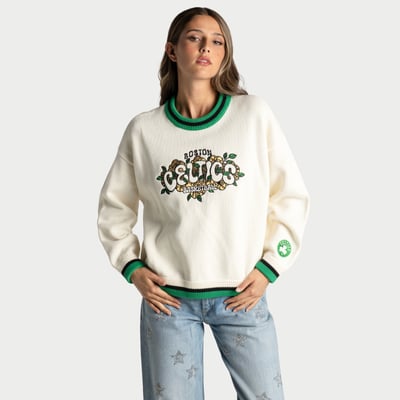  Boston Celtics The Wild Collective Women's Boxy Crew Jacquard Sweater - Cream